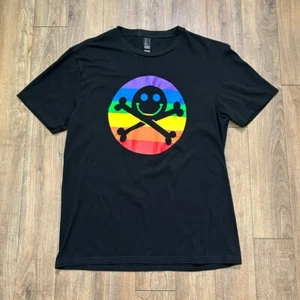 Black Defcon Unisex T-shirt Small Rainbow District Jolly Roger Smiley Face - Picture 1 of 4