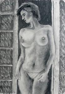 Female Nude Figure 45 Original Charcoal Drawing YSArt Naked Woman A4 8x12 - Picture 1 of 4