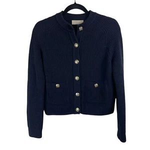 Sezane Madeline Merino Wool Blend Ribbed Gold Button Up Cardigan Black Size XS - Foto 1 di 7