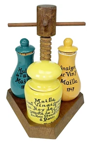 Maille French Wood Stand with 3 Ceramic Jars Vtg Mustard Table Service - Picture 1 of 6