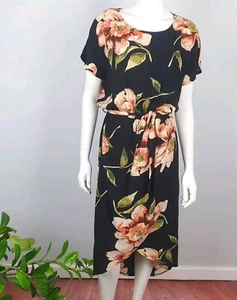 Vestido Camisa Midi Miracle Talla 14 Negro Floral Escote en V Cintura Elástica Mujer - Imagen 1 de 15