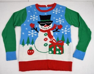 Vintage Sweater Snowman Size S/M Y2K 3 Tone Red Green Blue Snowman in Sunglasses - Picture 1 of 10