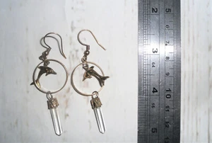 TRUE VINTAGE 1990'S DOLPHIN CRYSTAL DROP HOOP EARRINGS BRYON BAY - Picture 1 of 3