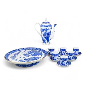 1917 Royal Worcester Chinoiserie Blue Willow porcelain 14pc coffee service for 6 - Picture 1 of 24