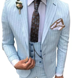 Designer Business Baby Blau Nadelstreifen Herrenanzug Sakko Weste Slim Fit 48 - Bild 1 von 2