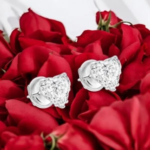 14k White Gold Women Earring Studs Heart Cut Lab Grown 2 Carat Diamond - Picture 1 of 12