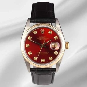 Rolex Datejust 36mm Yellow Gold Fluted Red Diamond Dial Leather Band Watch - Picture 1 of 12