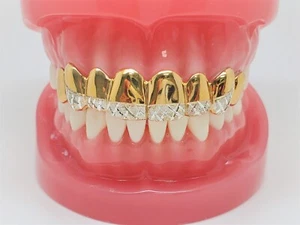 Silver w/18K Yellow Gold Plated Dust+Diamond Cut HandmadeCustom Fit Grillz - Picture 1 of 4