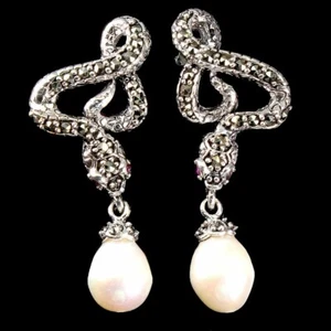 925 Pendientes de Plata de Ley Redondo Rubí Perla Marcasita Gema Natural Joyería - Imagen 1 de 10