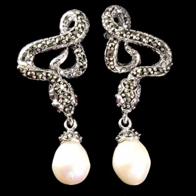 925 Sterling Silver Earrings Round Ruby Pearl Marcasite Natural Gemstone Jewelry - Image 1 of 4