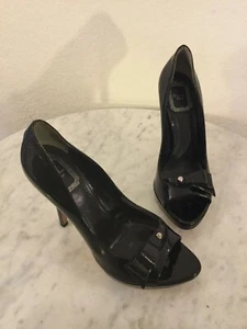 CHRISTIAN DIOR Black Patent Leather Peep Toe Platform Pump. Women's Sz 37 1/2 M. - Picture 1 of 12