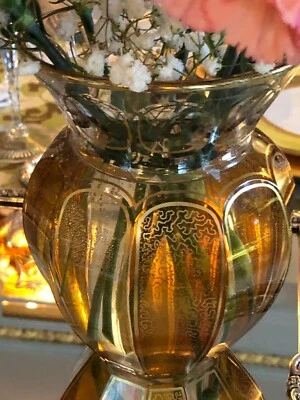 Pair of Antique/Vintage Amber Bohemian Crystal Vases - Image 1 of 4