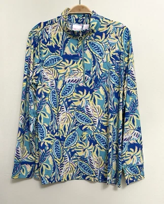 NWT  STELLA PARKER Golf Shirt Ladies Medium Yellow Blue Floral  Polo UPF30+ - Image 1 of 4