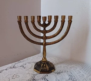 Vintage SOLID BRASS Hanukkah Menorah 9-arm Candle Holder Calligraphy Israel - Picture 1 of 10