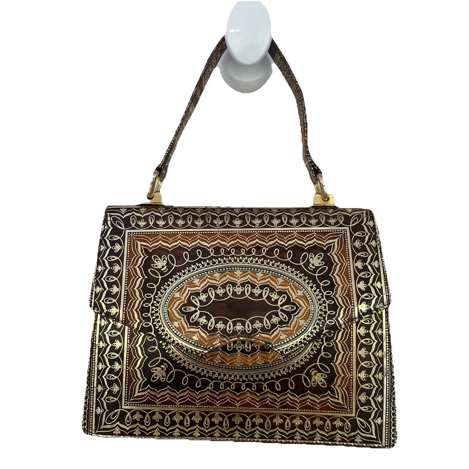 Vintage Embossed Leather Evening Bag Gold Brown Florentine Italy Luxury - Image 1 of 4