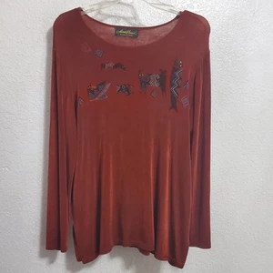 Laurel Burch Top Damen M Rost Southwestern Design Langarm Stretch Artsy LESEN - Bild 1 von 9