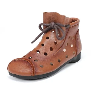 Sandalias retro de cuero real con puntera redonda hueca para mujer botas al tobillo planas con cordones - Imagen 1 de 16