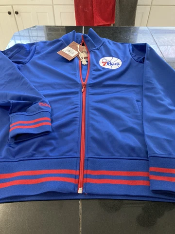 WOMENS PHILADELPHIA 76ERS SIXERS MITCHELL & NESS TRACK JACKET BLUE/RED L NWT Cover