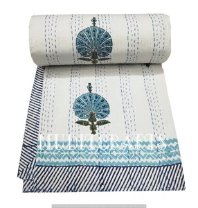 Throw Blanket Bedspread Indian Gudari Hand Block Print Cotton Kantha Quilt - Picture 1 of 7