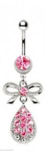 Belly Ring Bow Ribbon w/Water Drop Pink Gemmed Dangle Naval Steel - Picture 1 of 3