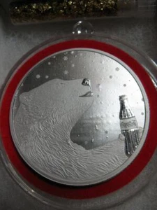 1-OZ SILVER.999 NEW BEAUTIFUL CLASSIC COKE, TM COCA COLA POLAR BEAR COIN+GOLD - Picture 1 of 14