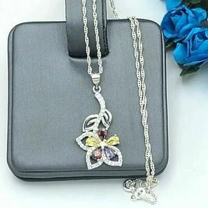 925 Sterling Silver Jewelry. Multi-Color Flower Pendant Necklace. Gift Women - Picture 1 of 5