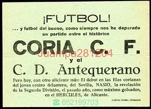 CARTEL DE FUTBOL CAMPEONATO ANDALUCIA 1953 CORIA CF - CD ANTEQUERANO 156x112mm - Picture 1 of 2