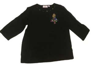 Quaker Factory Ladies Top Christmas Tree Sequins Gems Bead Holiday XS Black NWOT - Picture 1 of 6