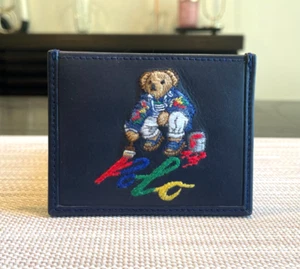NEW - Ralph Lauren Embroidered Polo Painting Bear Card Case Wallet - NAVY BLUE - Picture 1 of 3