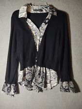 Essentials By Milano Womens Shirt Size Large Black Paisley Long Sleeve Button Up