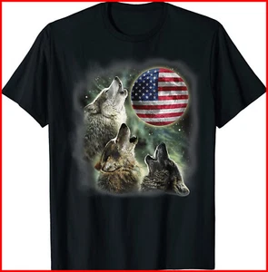 The Mountain Three Wolfs American Flag Moons Black Cotton T-Shirt S-5XL - Picture 1 of 3