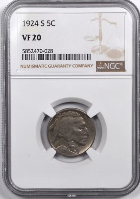 1924 S INDIAN HEAD BUFFALO NICKEL 5C NGC VF 20 - Image 1 of 2