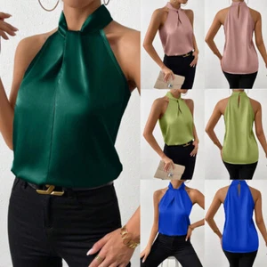 Ärmellose Oberteile Weste Tanktops Neckholder-T-Shirts Solides Sommer-Top ≌ - Picture 1 of 29