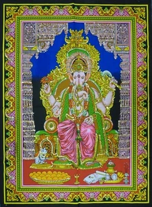 Hindu God Ganesh Temple Sequined Cotton Wall Hanging Fair Trade 80 x 110 cm - Picture 1 of 3