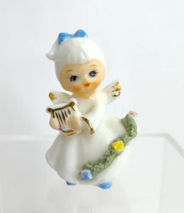 Vintage Napco Christmas Angel Harp & Blue Bow 2.25" Tall Bone China Taiwan - Picture 1 of 7