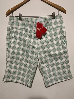 Pantalones cortos de golf Puma para mujer 8 bermudas a cuadros verdes blancos rendimiento a cuadros  Foto 1 de 3