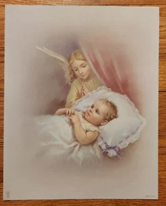 Ángel de la Guarda y Bebé Estampado Vintage 8x10" Italia Años 30 Bonella - Imagen 1 de 1