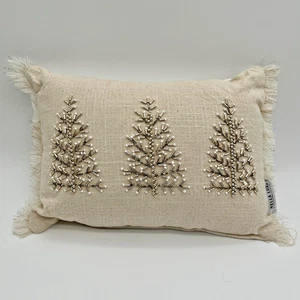Bella Lux Winter Neutral Linen Beaded Sequin Holiday Trees Throw Pillow 9x13 - Picture 1 of 4