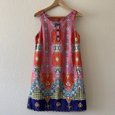 Anthropologie Maeve Sleeveless Shift Dress Womens Size 8 Floral Pink Crochet Hem - Image 1 of 4