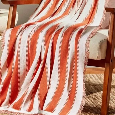 Striped Orange White Tapestry Knit Throw Blanket 50 x 60 Inches Soft NEW - Image 1 of 4