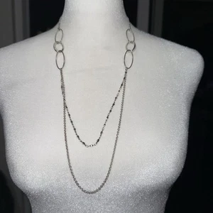 Oval Link Layered Silver Tone Necklace 24” - Picture 1 of 5