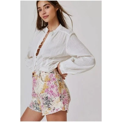 Anthropologie Pilcro Women’s Sz XL Floral High Rise Scrunchie Shorts Denim - Image 1 of 4