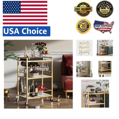 Modern 3-Shelf Bar Cart in Marble Gold - Perfect for Entertaining & Display - Image 1 of 4