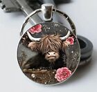 Gorgeous Rose Highland Cow Round Silver Metal Keyring / Bag Charm Gift