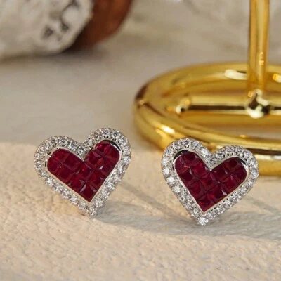 Sweety Pave Lab Created Ruby Natural Diamond Women Stud Earrings 14K White Gold - Image 1 of 4