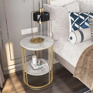 Gold Round Side End Table Coffee Table Clock Plant Stand for Living Room Bedroom - Picture 1 of 12