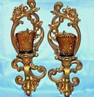 2 Vintage HOMCO Ornate Hollywood Regency Wall Scone Amber Glass Candle Holders