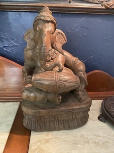 Rare MCM Vintag Hand Carved Antique Hindu God Ganesha Solid Wood Figurine Statue - Picture 1 of 6