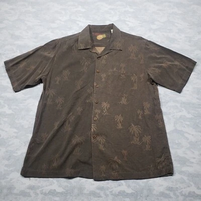 Caribbean Hawaiian Shirt Mens Large Brown Palm Tree Print Silk Blend Button Up - Image 1 of 4