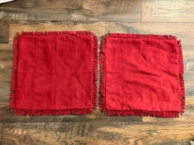 Pair Pottery Barn Suede Like Pillow Covers Cut Fringe Red 18" - Image 1 of 4